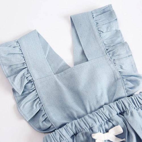 Blue denim lace sleeveless baby bodysuit romper with triangle climb detail