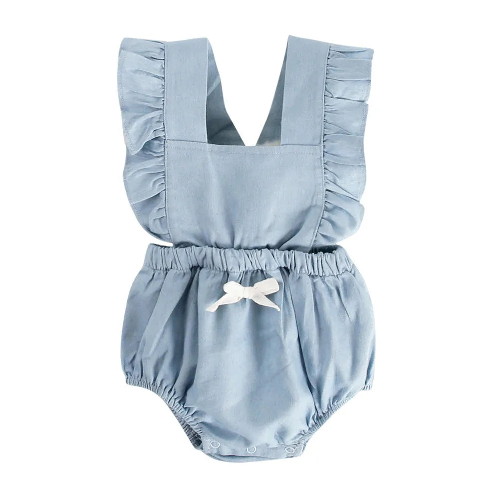 Blue denim lace sleeveless baby bodysuit romper with triangle climb detail