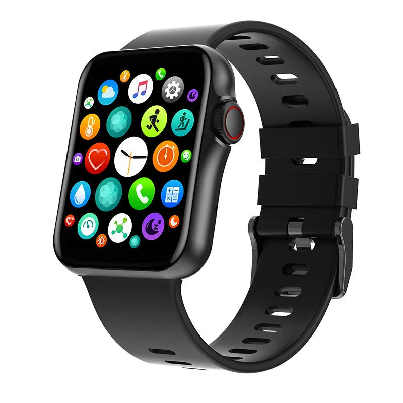D06 smart watch with colour screen on a liquid silicone strap, showing call interface and split-screen display.