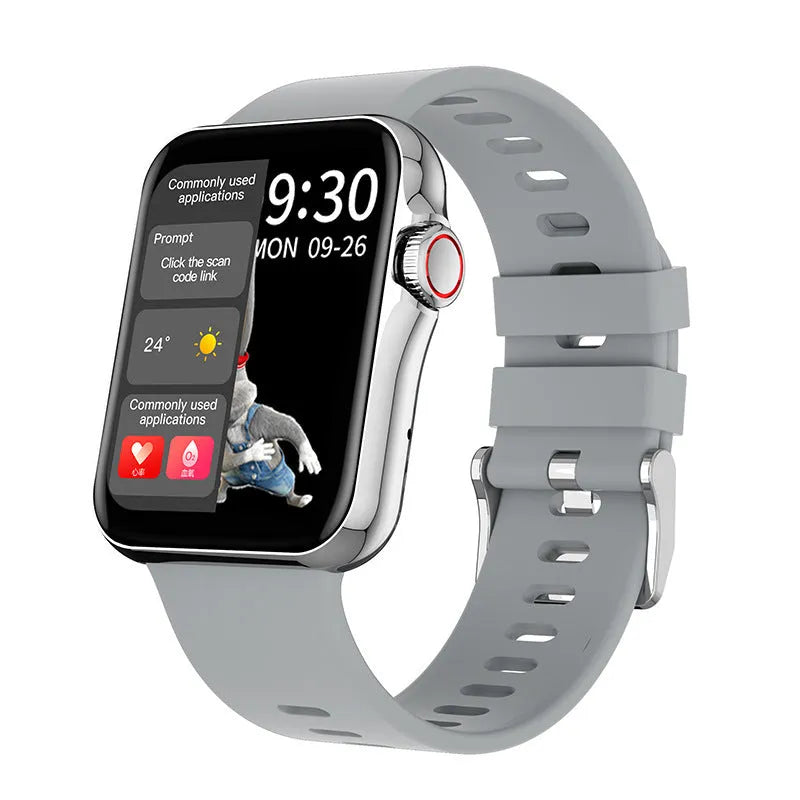 D06 smart watch with colour screen on a liquid silicone strap, showing call interface and split-screen display.