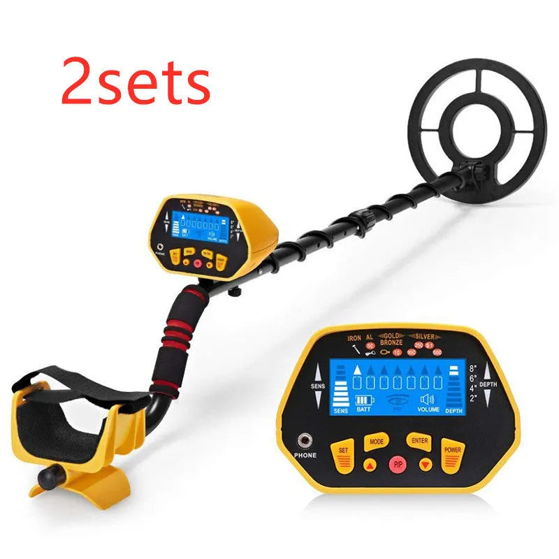 Black and yellow GC1028 professional metal detector with LCD display and adjustable pole.