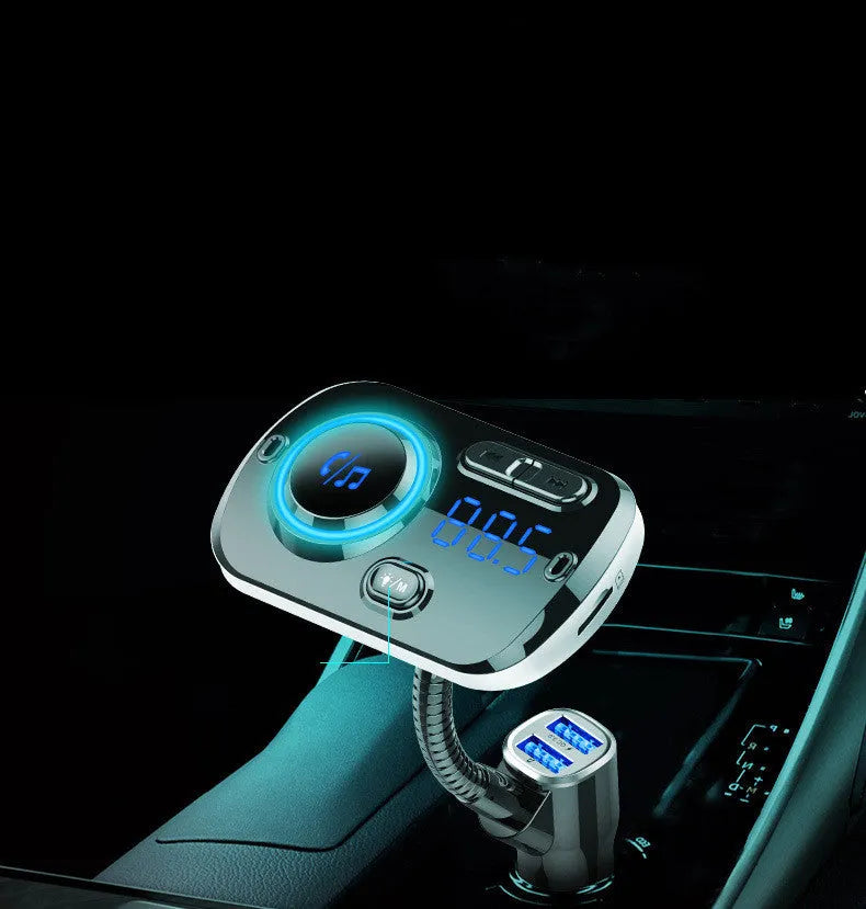 BC49AQ car MP3 Bluetooth 5.0 player with black casing, LED display, and QC3.0 port in a car dashboard socket