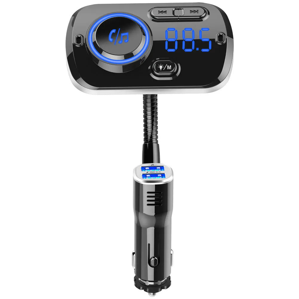BC49AQ car MP3 Bluetooth 5.0 player with black casing, LED display, and QC3.0 port in a car dashboard socket