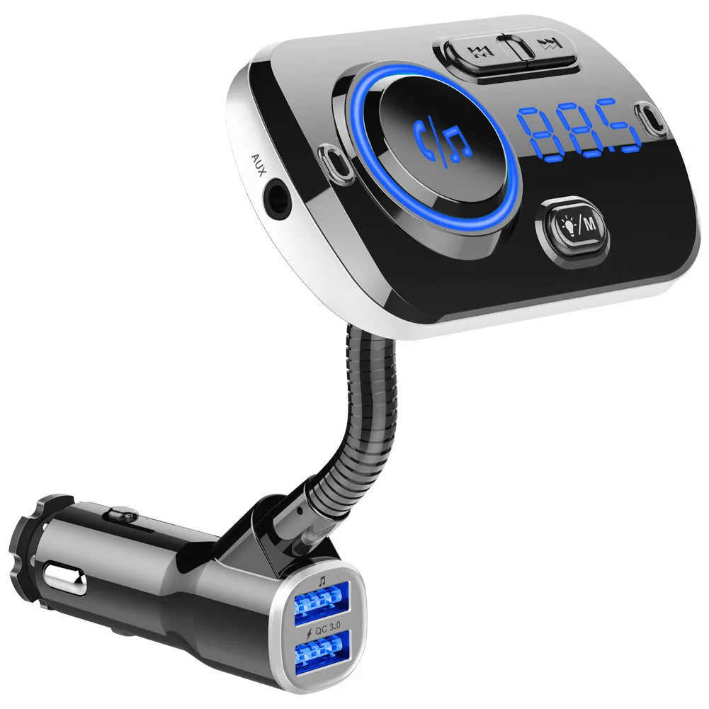 BC49AQ car MP3 Bluetooth 5.0 player with black casing, LED display, and QC3.0 port in a car dashboard socket