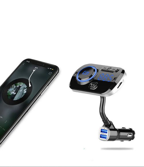 BC49AQ car MP3 Bluetooth 5.0 player with black casing, LED display, and QC3.0 port in a car dashboard socket