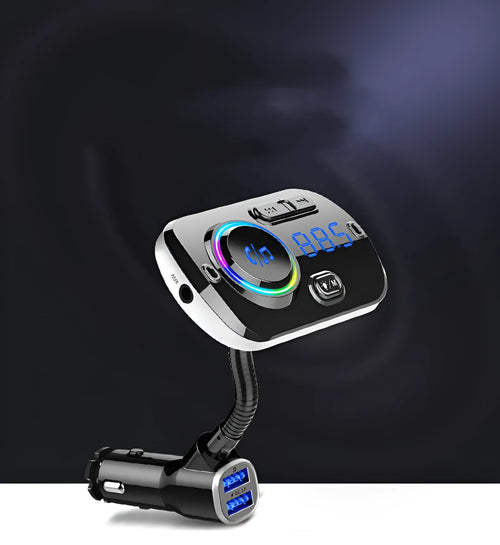 BC49AQ car MP3 Bluetooth 5.0 player with black casing, LED display, and QC3.0 port in a car dashboard socket