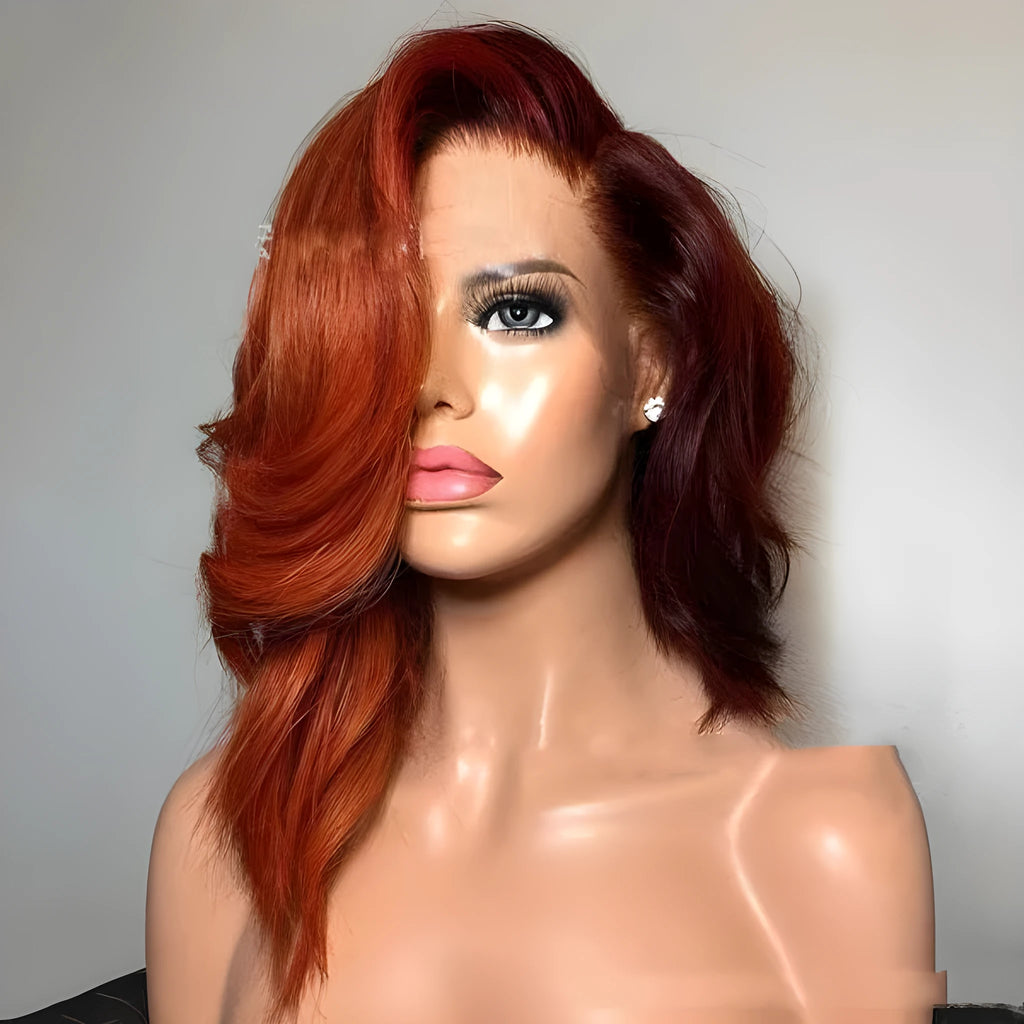 Short wavy brown synthetic wig with long side part bangs on a stand, 50cm length