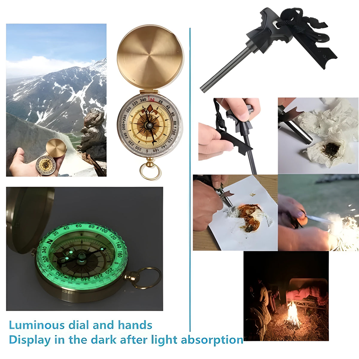 13-piece outdoor survival treasure box set with black shockproof case, tactical flashlight, compass, wire saw, and survival blanket