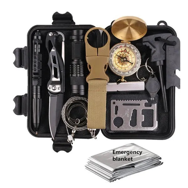 13-piece outdoor survival treasure box set with black shockproof case, tactical flashlight, compass, wire saw, and survival blanket