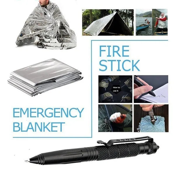 13-piece outdoor survival treasure box set with black shockproof case, tactical flashlight, compass, wire saw, and survival blanket