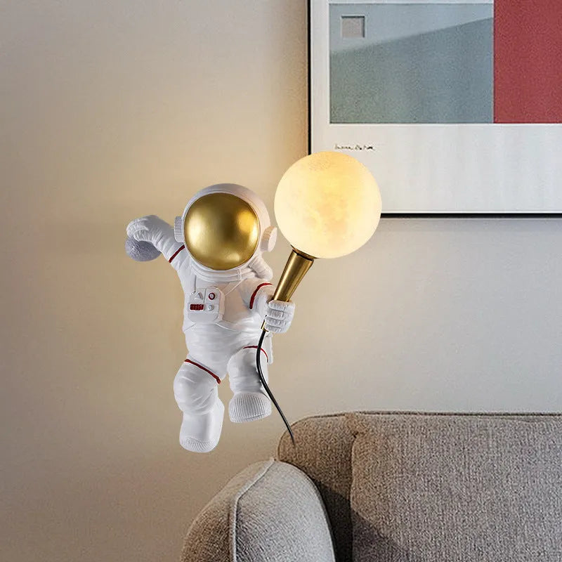 White astronaut desk lamp with night light function in seated, standing and wall-mounted styles