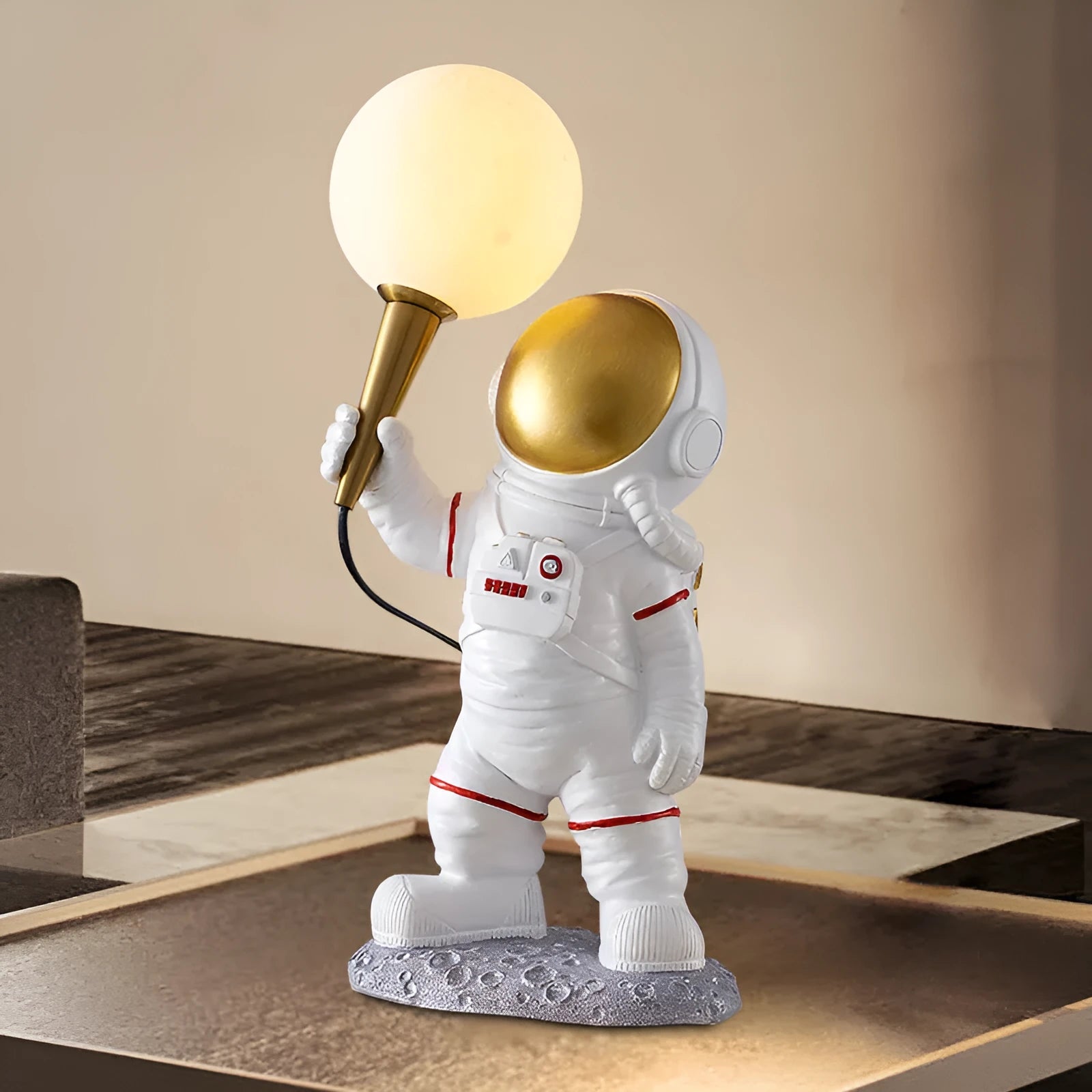 White astronaut desk lamp with night light function in seated, standing and wall-mounted styles