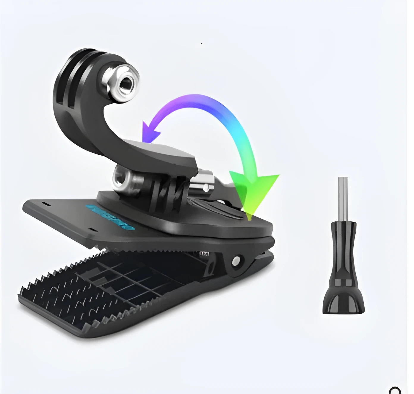 Silver and black Gopro backpack mounting clip with 360-degree rotating head on a backpack strap.