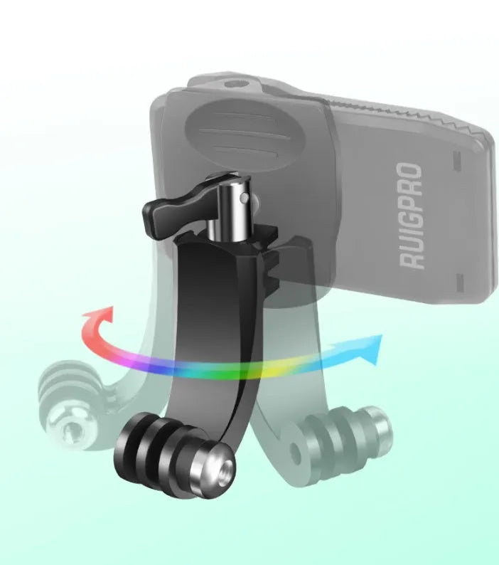 Silver and black Gopro backpack mounting clip with 360-degree rotating head on a backpack strap.
