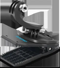 Silver and black Gopro backpack mounting clip with 360-degree rotating head on a backpack strap.