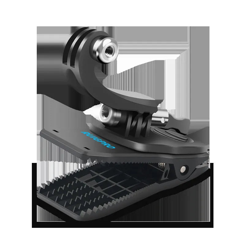 Silver and black Gopro backpack mounting clip with 360-degree rotating head on a backpack strap.