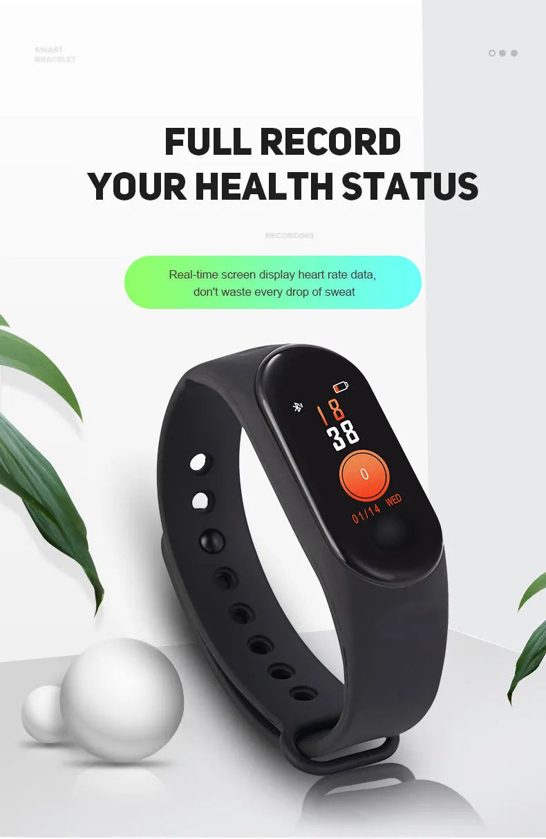 M3 Smart Bracelet showing black colour with 0.96 inch screen, worn on wrist.