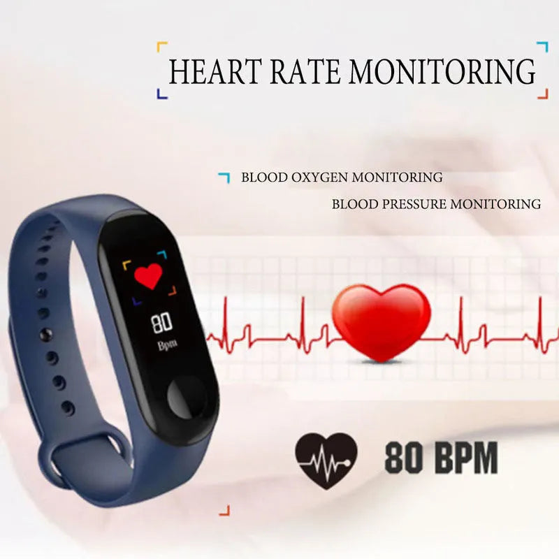 M3 Smart Bracelet showing black colour with 0.96 inch screen, worn on wrist.