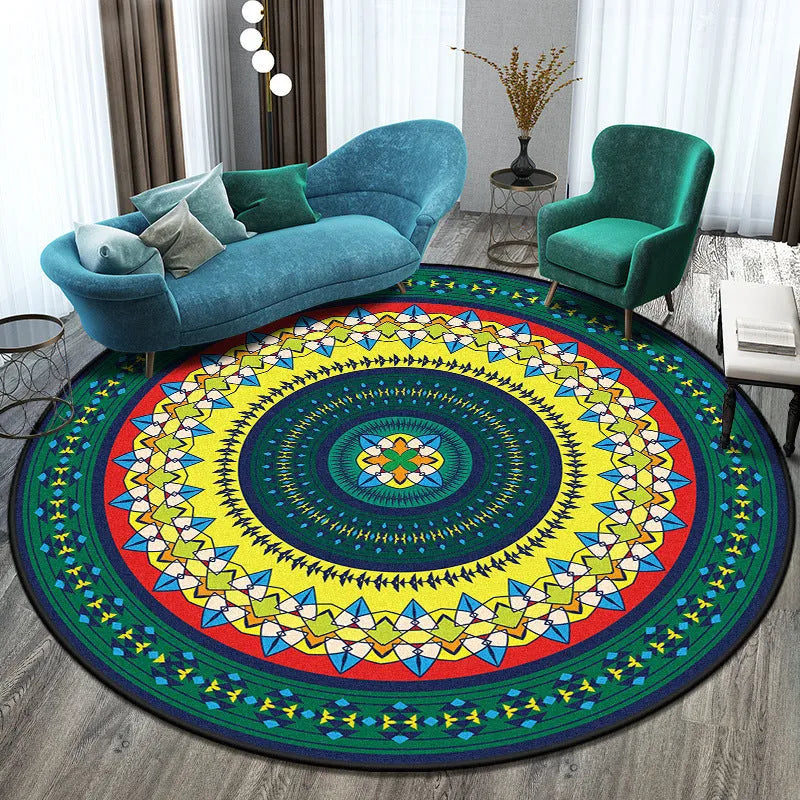 Round national style polyester rug in a colour pattern on a wooden floor