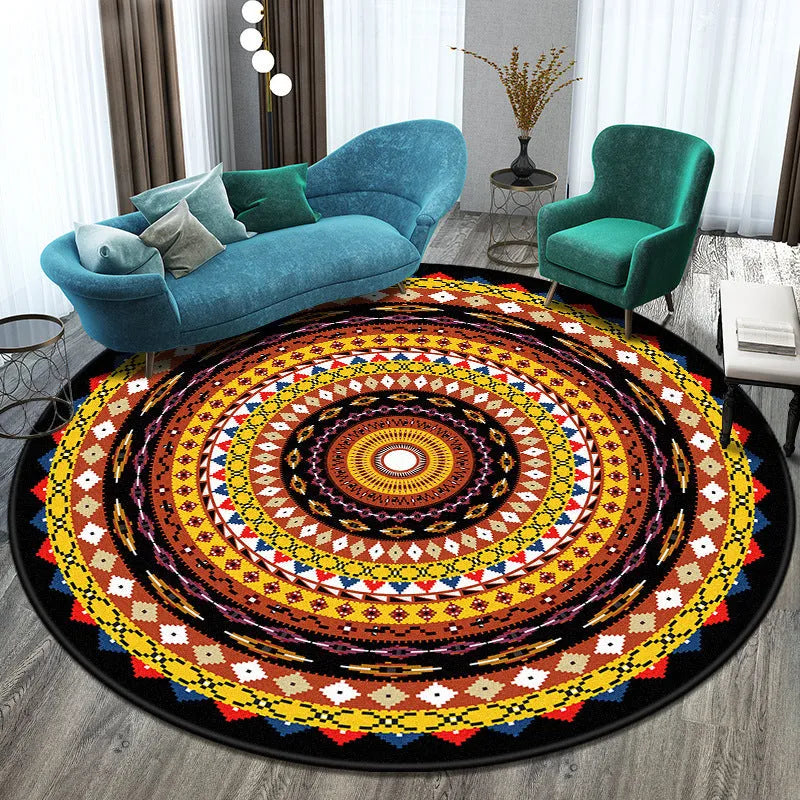 Round national style polyester rug in a colour pattern on a wooden floor