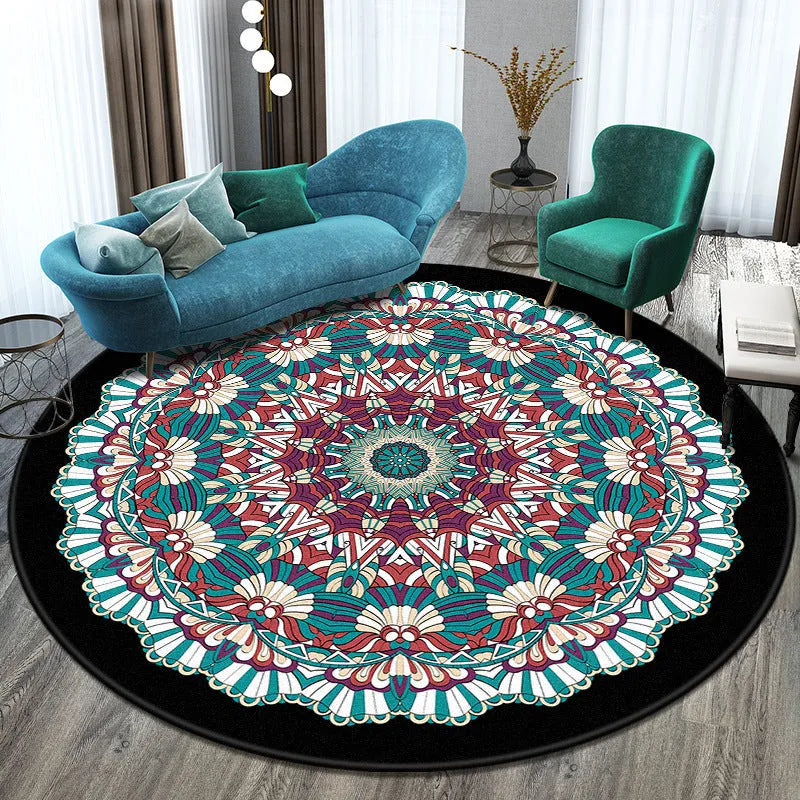 Round national style polyester rug in a colour pattern on a wooden floor