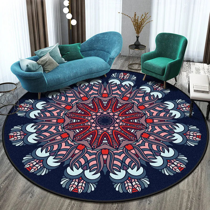 Round national style polyester rug in a colour pattern on a wooden floor