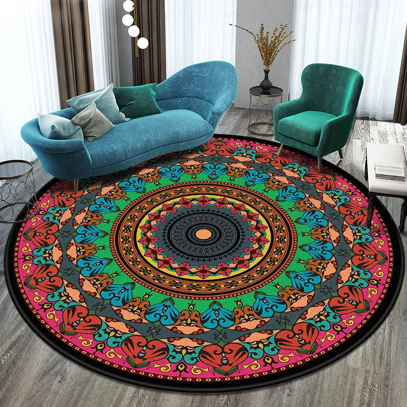 Round national style polyester rug in a colour pattern on a wooden floor