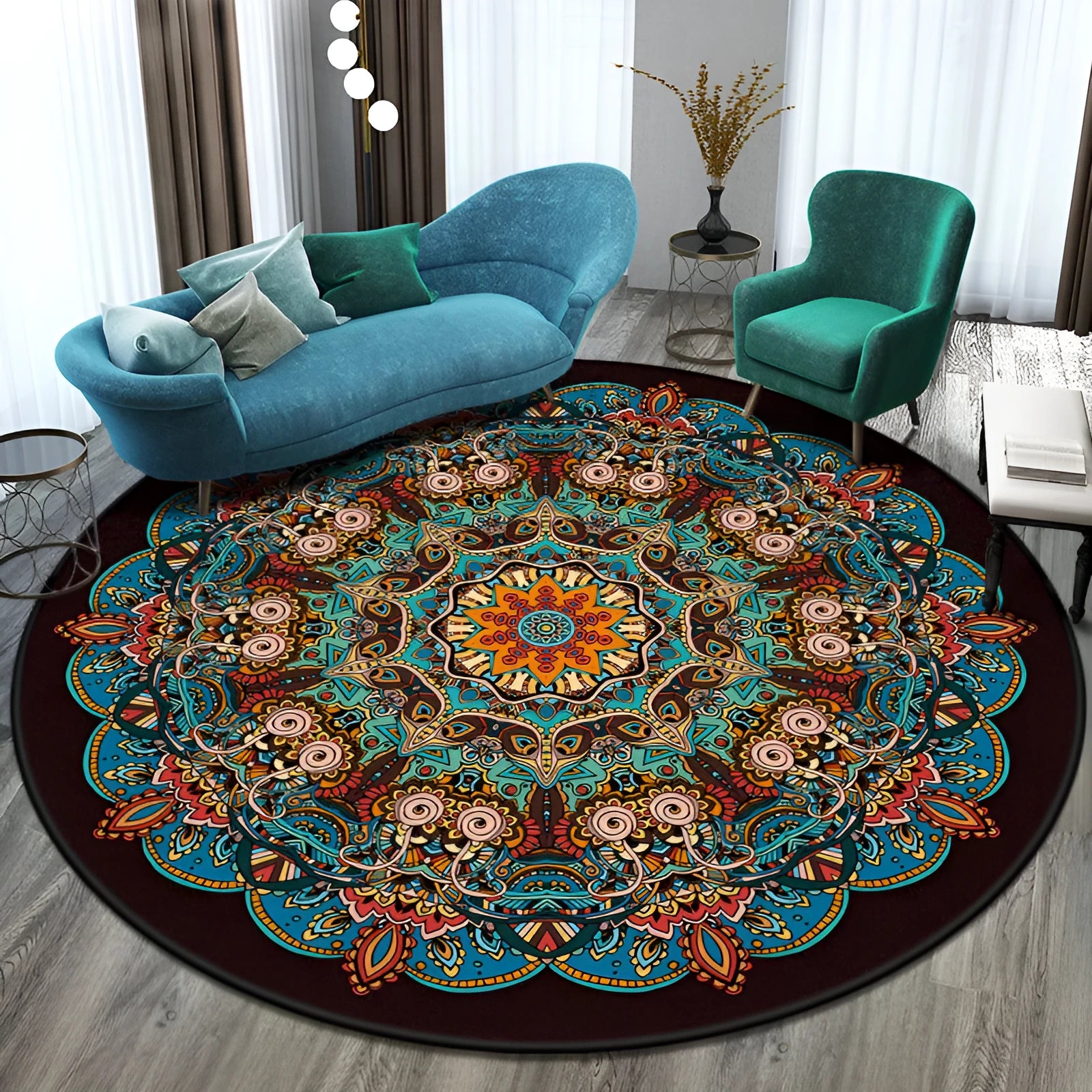Round national style polyester rug in a colour pattern on a wooden floor