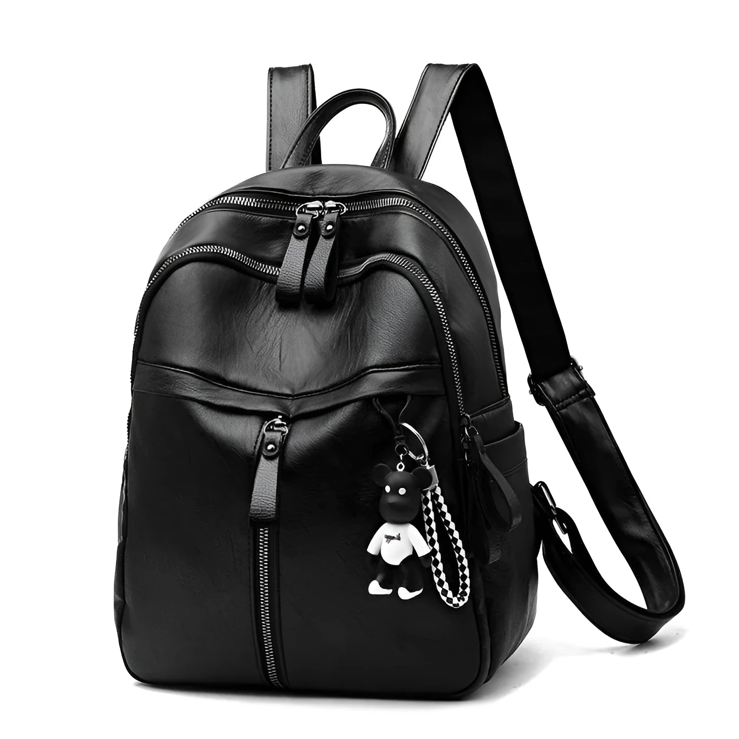 Black pu leather backpack with double straps showing soft surface texture and medium size profile