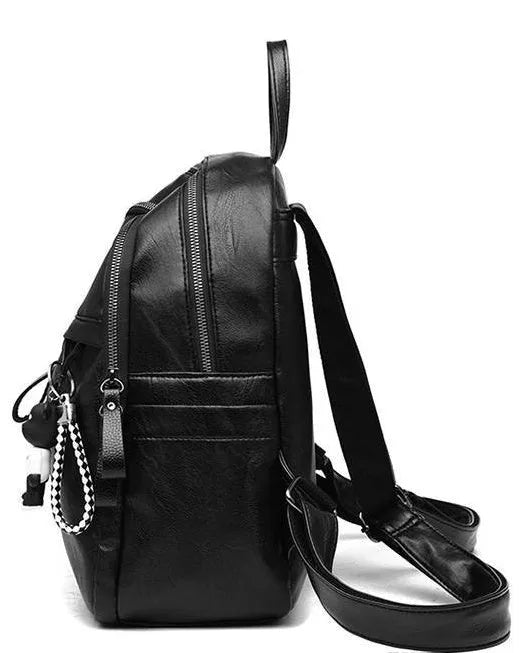 Black pu leather backpack with double straps showing soft surface texture and medium size profile