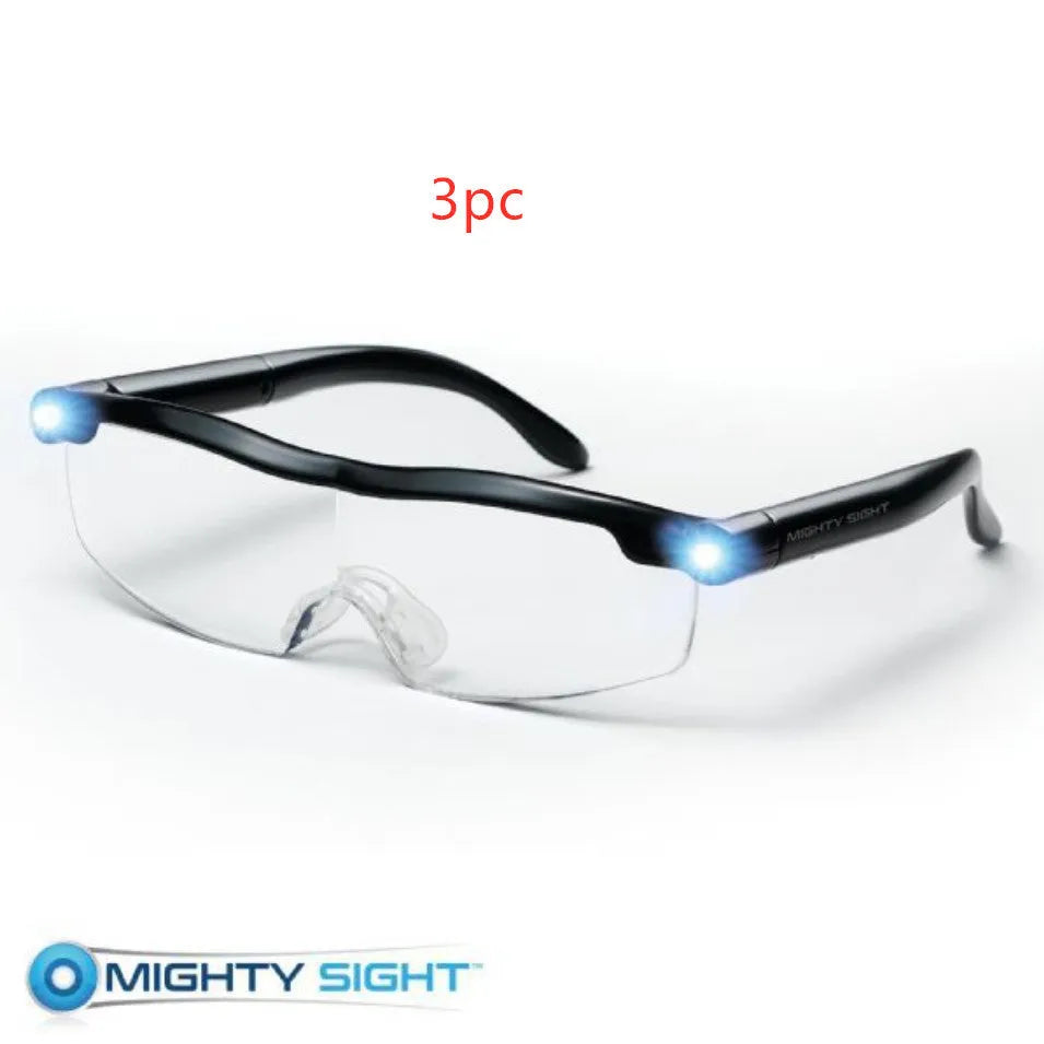 USB LED reading glasses with transparent black frame and integrated lighting