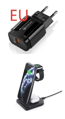 Black foldable 3-in-1 wireless charger showing phone, headphones and watch charging simultaneously