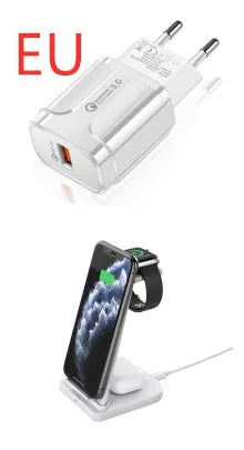 Black foldable 3-in-1 wireless charger showing phone, headphones and watch charging simultaneously