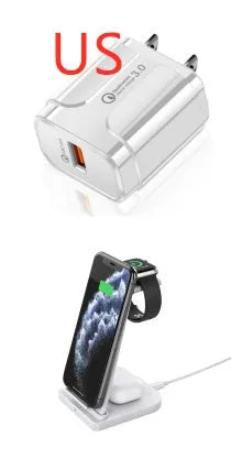 Black foldable 3-in-1 wireless charger showing phone, headphones and watch charging simultaneously