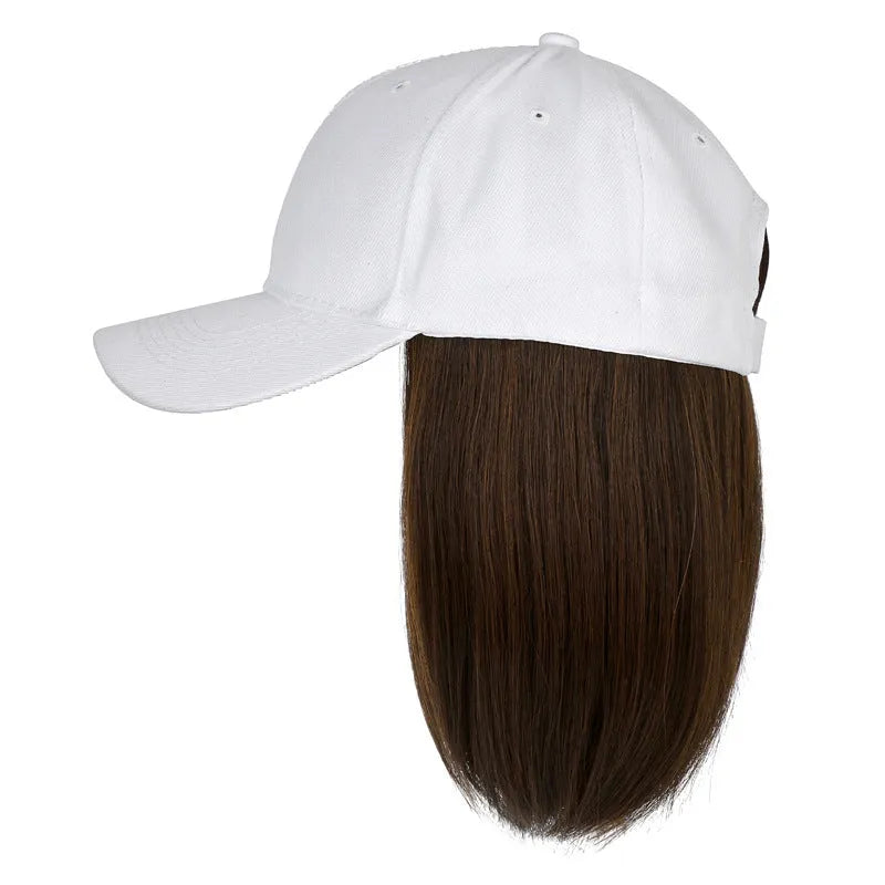 Integrated wig hat bob head with peaked cap, black hat and natural black hair, face-slimming natural look