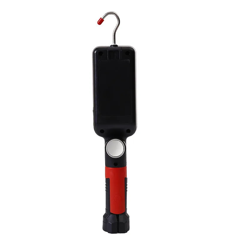 Red magnetic USB rechargeable COB flashlight with on/off switch and charging port.
