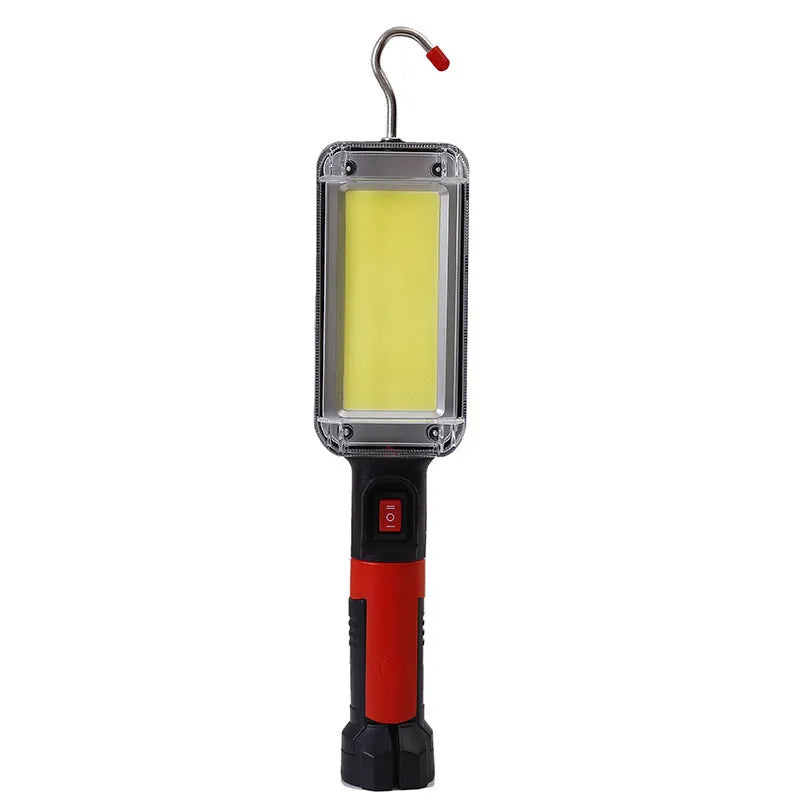 Red magnetic USB rechargeable COB flashlight with on/off switch and charging port.