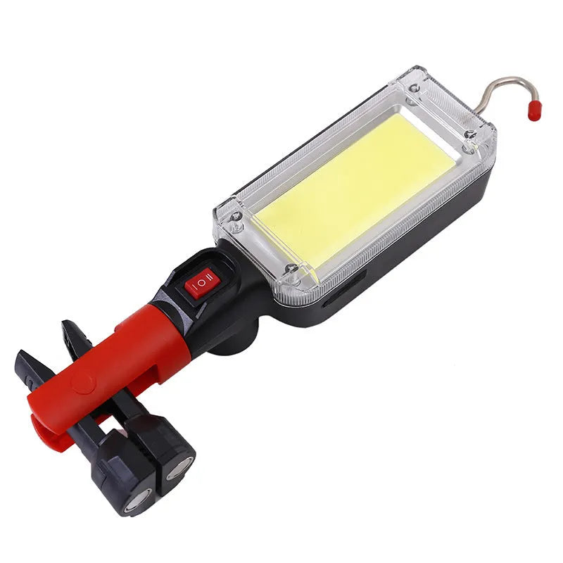 Red magnetic USB rechargeable COB flashlight with on/off switch and charging port.