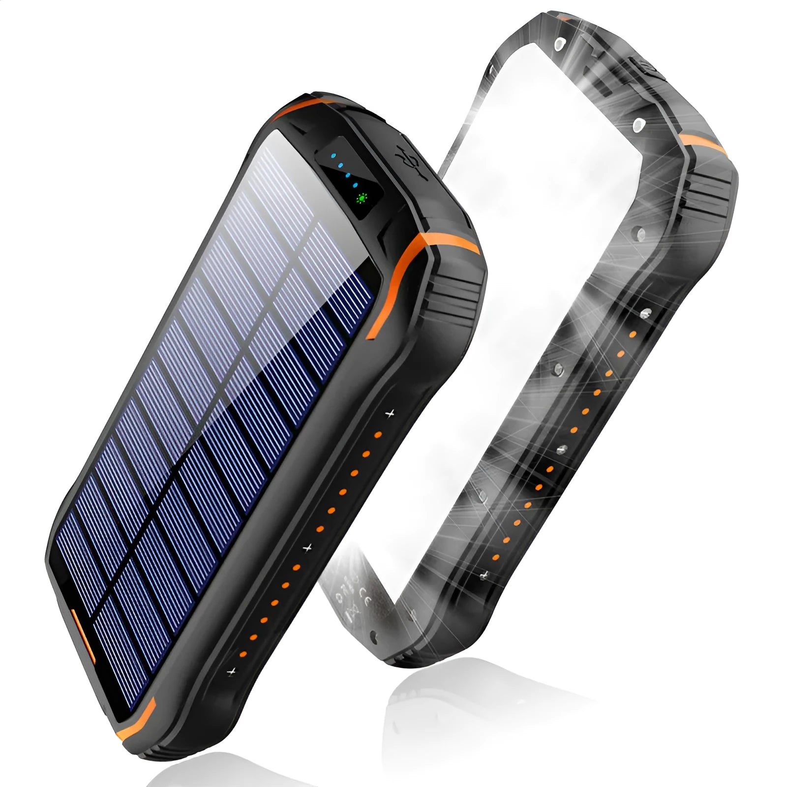 XN-i26S orange solar power bank with camping light showing size and solar panel
