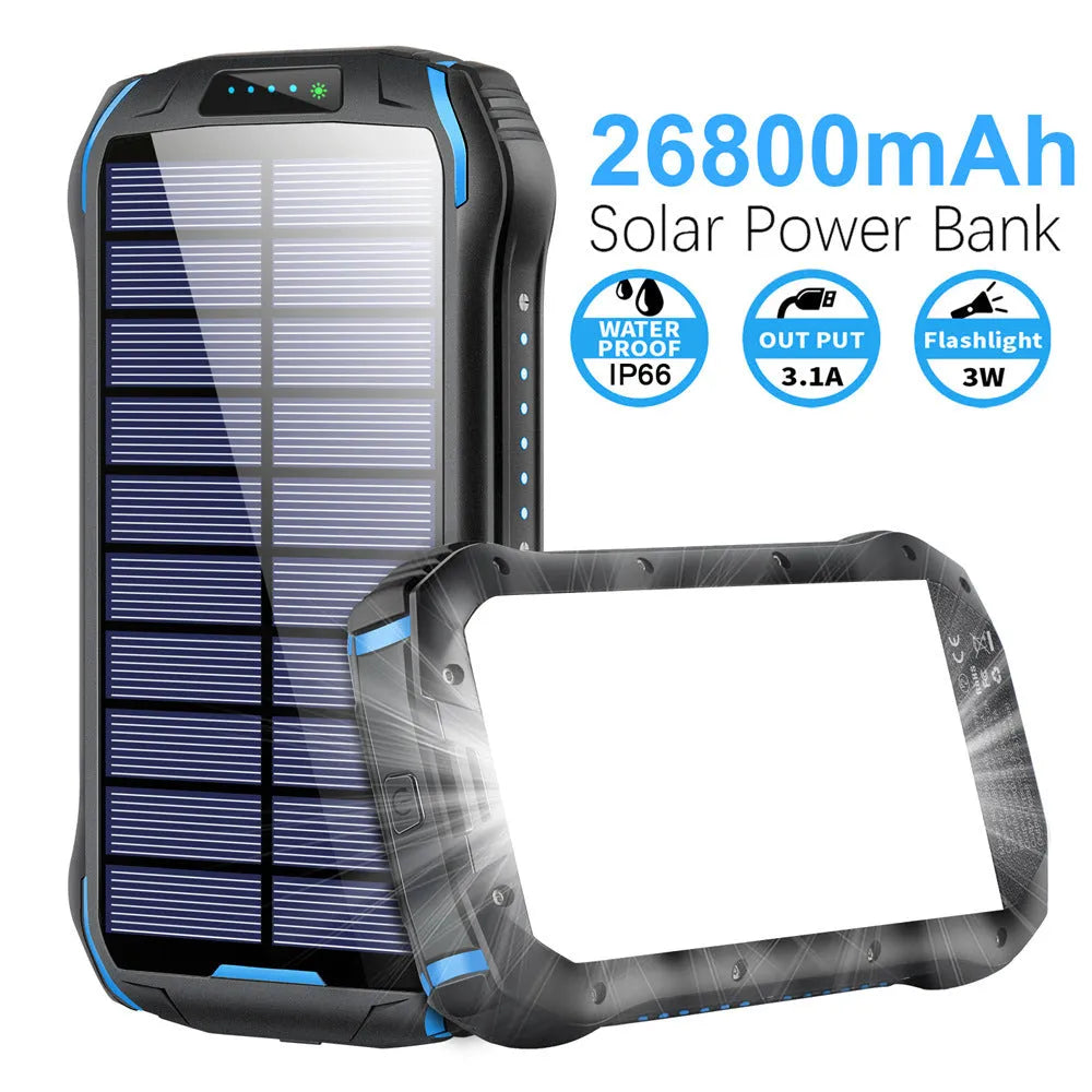 XN-i26S orange solar power bank with camping light showing size and solar panel