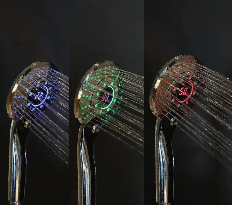 LED shower head with temperature sensor digital display 3 colour light three spray modes ABS electroplated finish