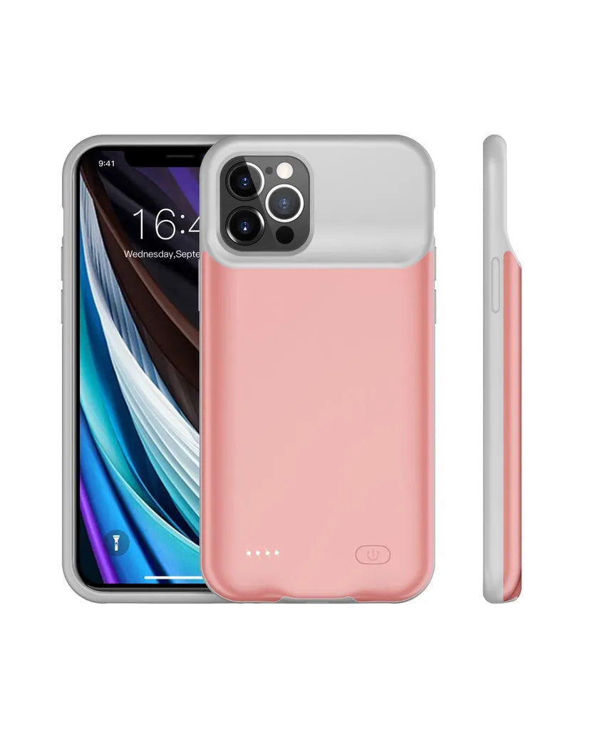 Shockproof silicone iPhone battery charger case in black, blue, pink or white colours with extended battery capacity