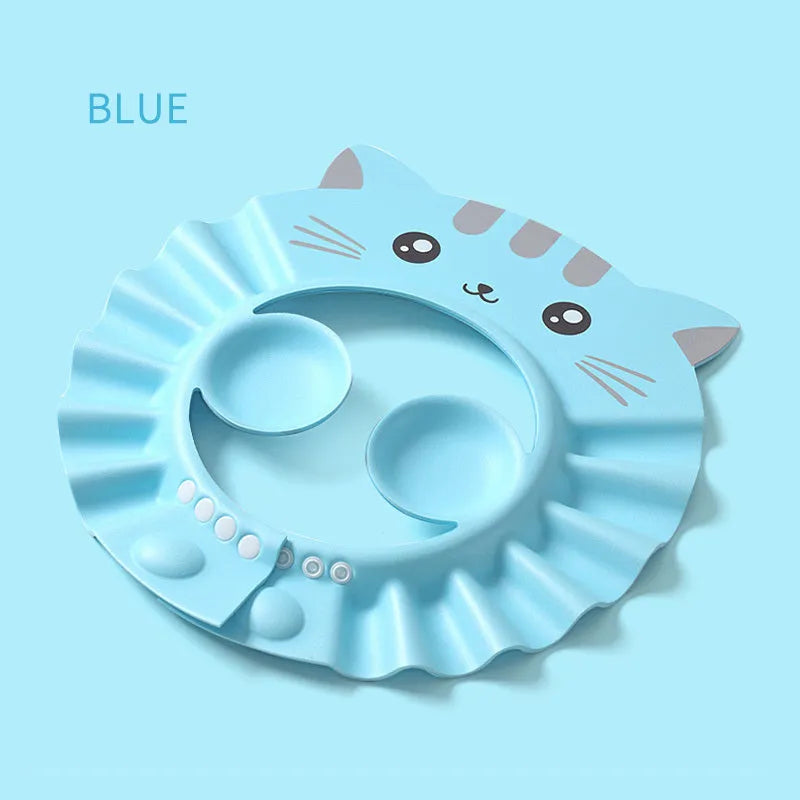 Adjustable baby shampoo cap with ear protectors in cartoon pattern colours for bath time