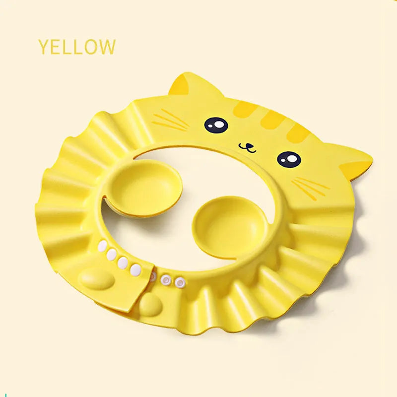 Adjustable baby shampoo cap with ear protectors in cartoon pattern colours for bath time