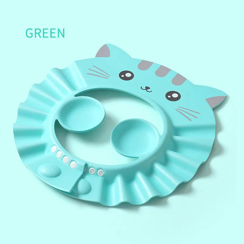 Adjustable baby shampoo cap with ear protectors in cartoon pattern colours for bath time