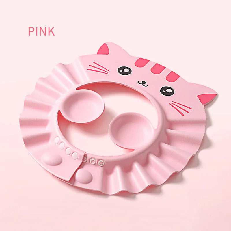 Adjustable baby shampoo cap with ear protectors in cartoon pattern colours for bath time