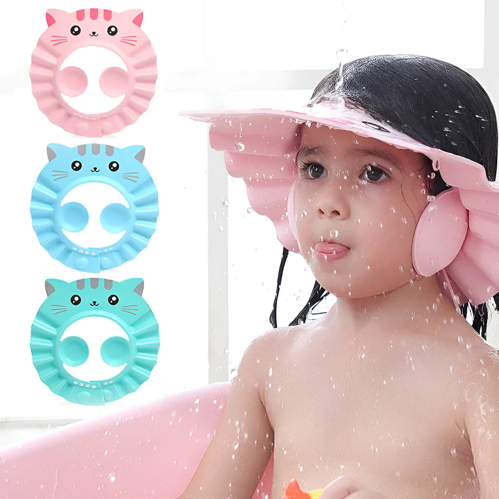 Adjustable baby shampoo cap with ear protectors in cartoon pattern colours for bath time