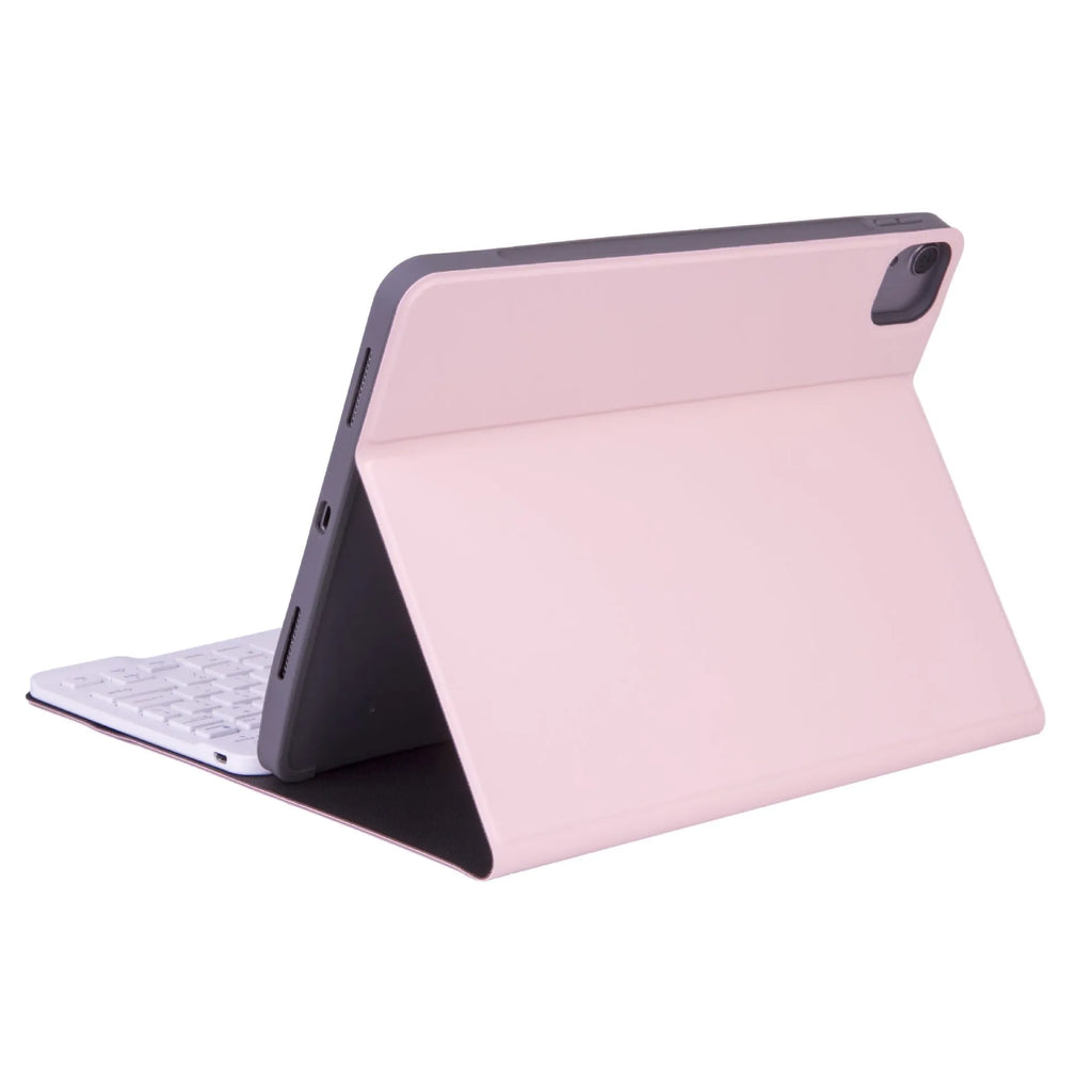 Bluetooth keyboard stored inside its matching leather case in a choice of four colour options.