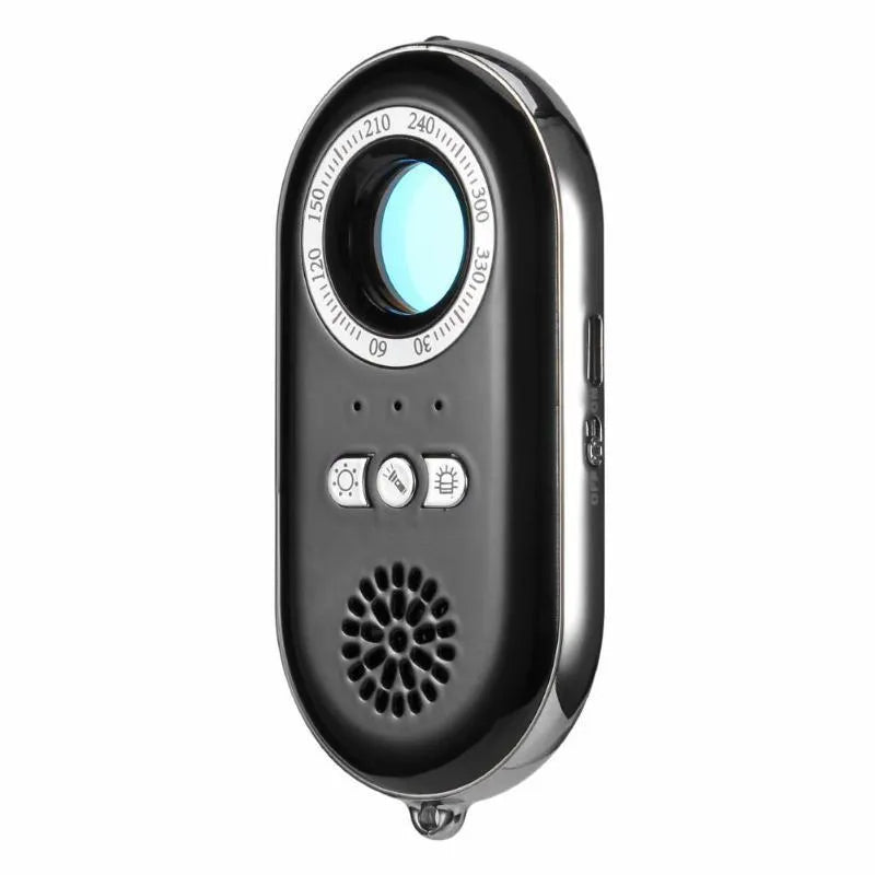 Compact black wireless signal detector and anti-theft alarm with vibration sensor.