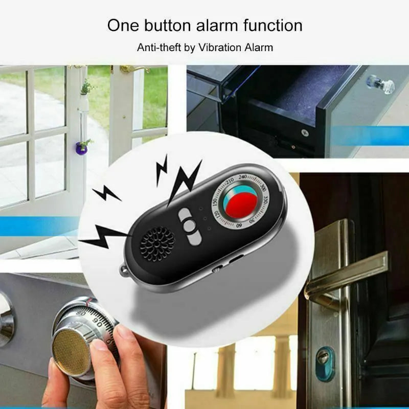 Compact black wireless signal detector and anti-theft alarm with vibration sensor.